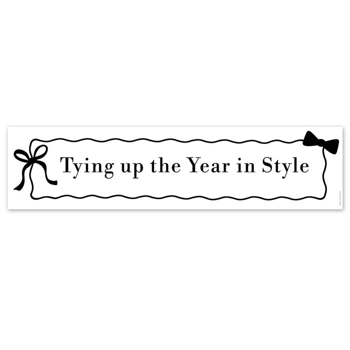 Decorative banner with text 'Tying up the Year in Style' and decorative elements on a white background