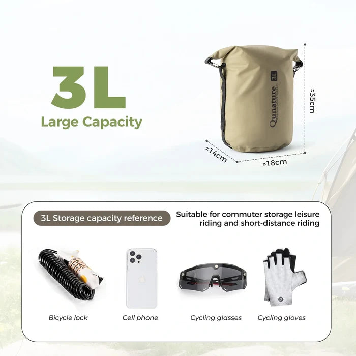 Beige backpack with dimensions and capacity details on a light green background