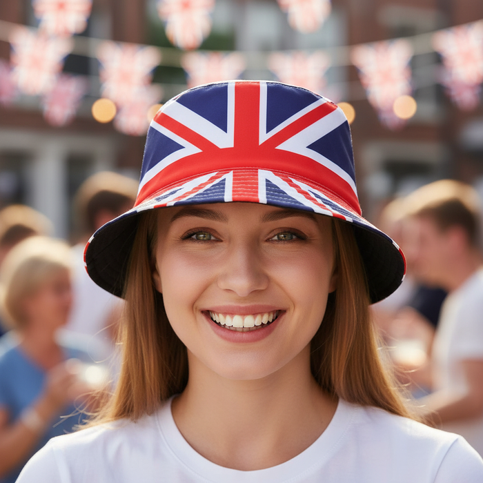 Union Jack Bucket Hat on Person