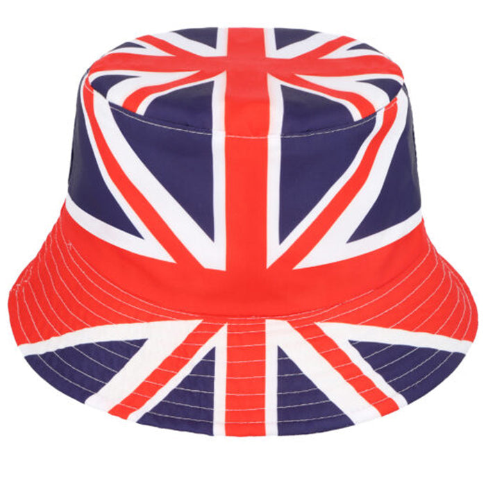 A bucket hat with the Union Jack design, featuring red, white, and blue colors.