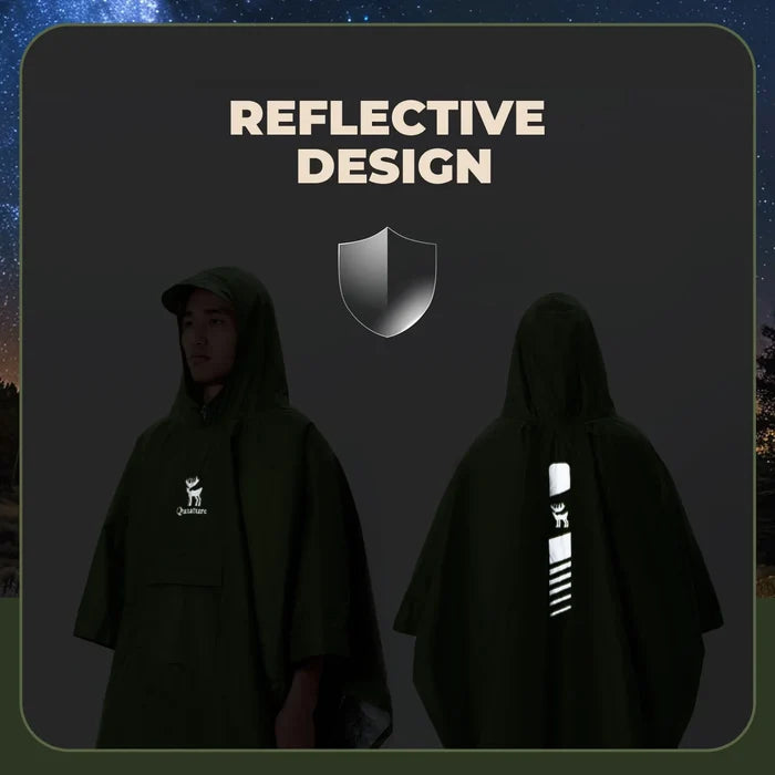 Two people wearing reflective ponchos with a dark background and 'Reflective Design' text.