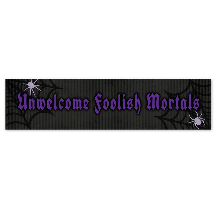 Halloween-themed banner with text 'Unwelcome Foolish Mortals' and spider designs on a black background.