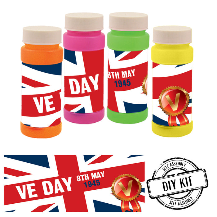 A set of bubble bottles with Union Jack design and 'VE DAY' text in various colors, accompanied by a sheet of stickers for assembly.