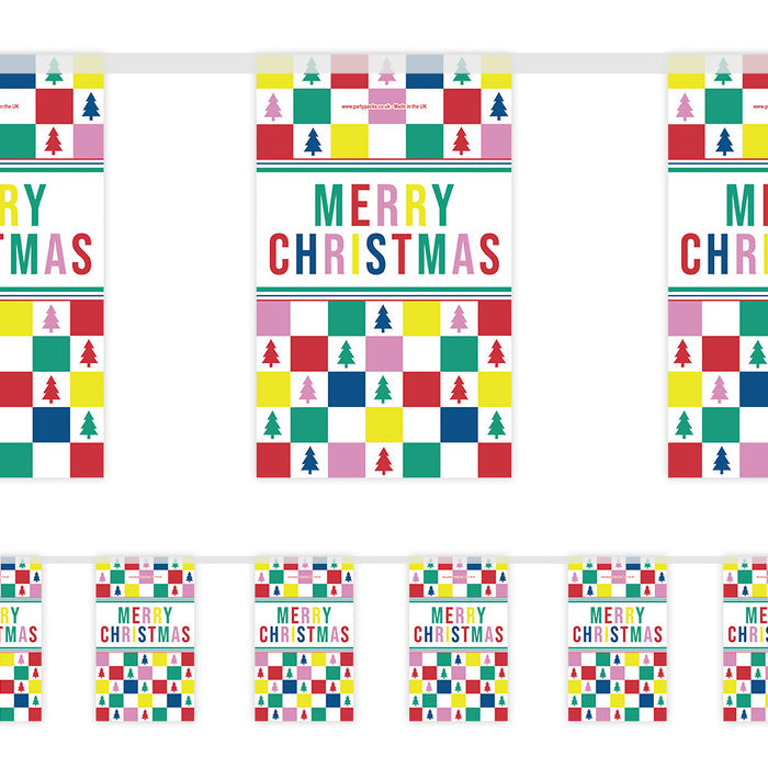 Colorful Christmas-themed banner with 'Merry Christmas' text and tree patterns.