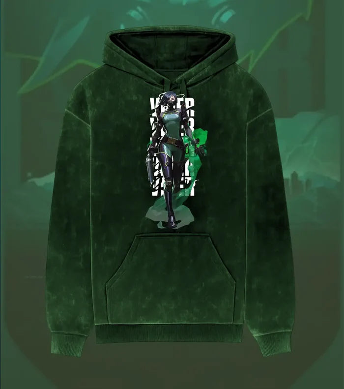 Viper – Toxic Precision Valorant Acid Wash Hoodie | Premium Gamer Streetwear - Bottle Green / XS - Valorant