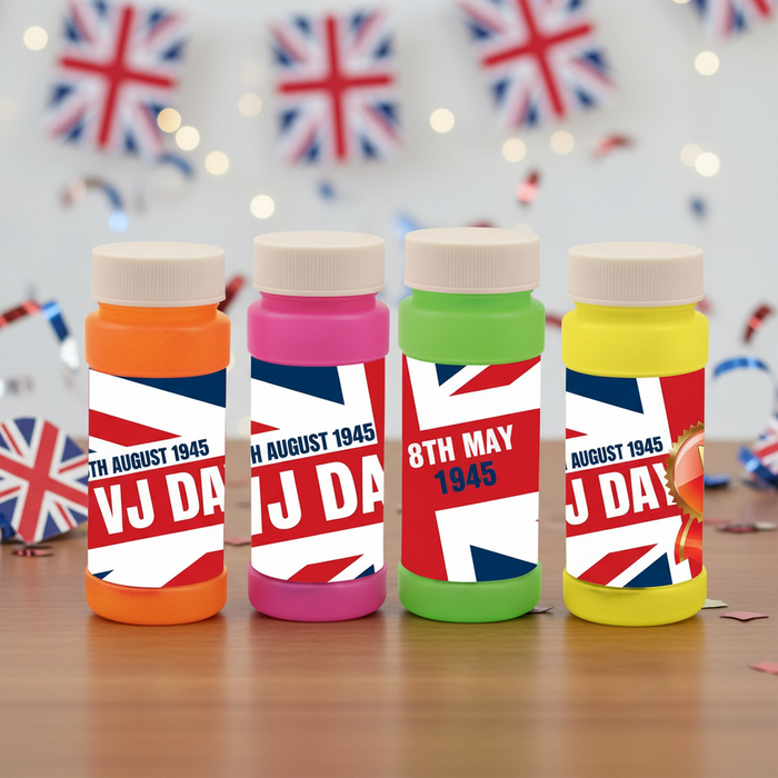 Four colorful bottles with British flag design and text on a wooden surface.