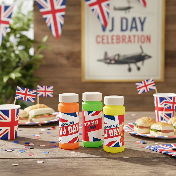 VJ Day celebration setup with colorful bottles, British flags, and a framed picture of a plane.