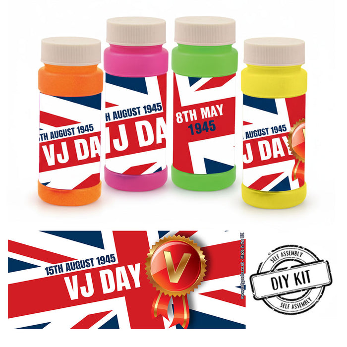 Four colorful bottles with VJ Day design on a white background