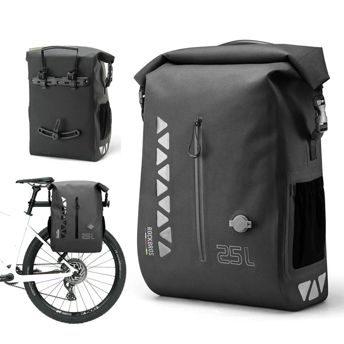 Waterproof 25L Bike Pannier Bag with Roll-Top & Smart Storage#Color_Black