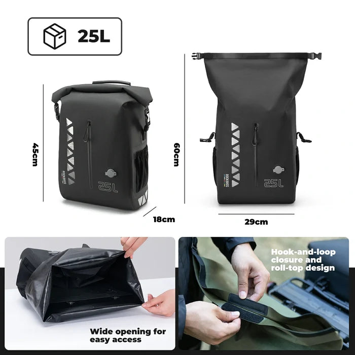 Waterproof 25L Bike Pannier Bag with Roll-Top & Smart Storage