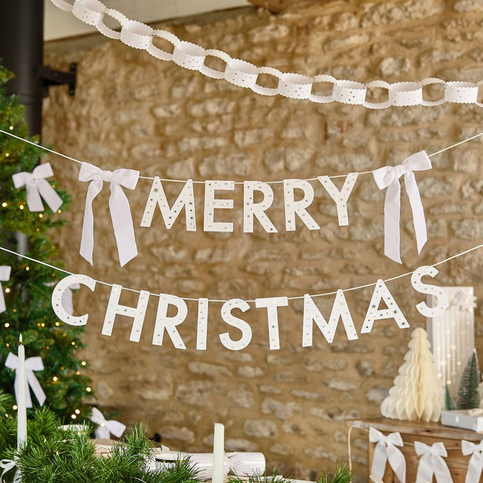 White 'Merry Christmas' Card Banner With Velvet Bows - 2m