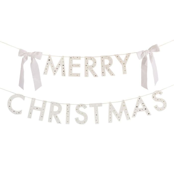 White 'Merry Christmas' Card Banner With Velvet Bows - 2m