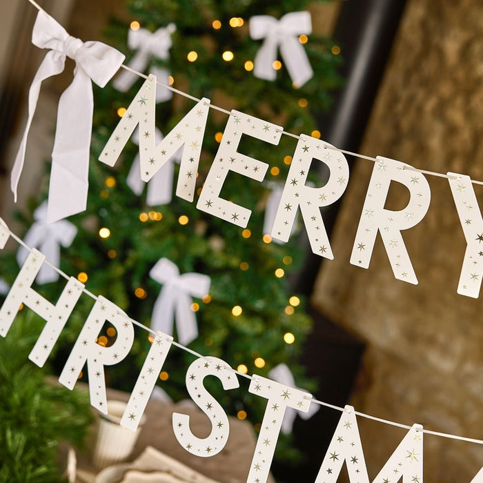 White 'Merry Christmas' Card Banner With Velvet Bows - 2m