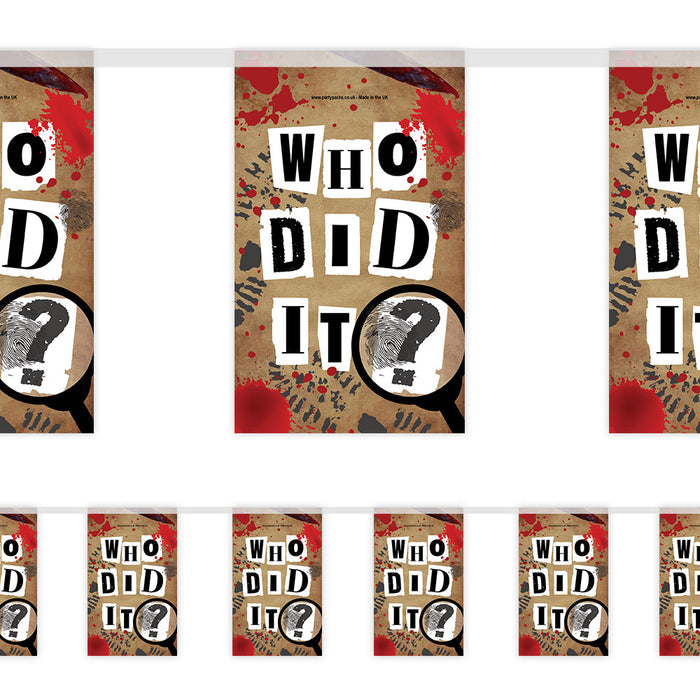 Decorative banner with 'Who Did It?' text and magnifying glass design on a brown background.