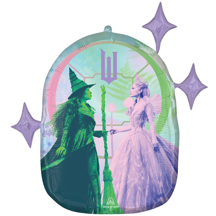 Decorative balloon with characters from 'The Wizard of Oz' against a colorful background