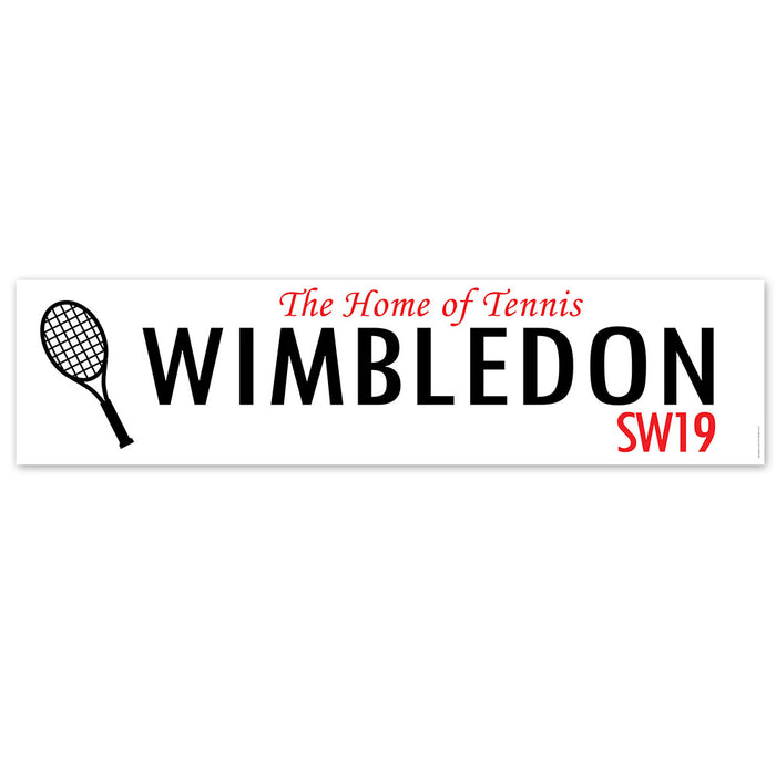 A Wimbledon themed street sign banner featuring the word 'WIMBLEDON' with a tennis racket graphic and the postcode 'SW19' printed on it.