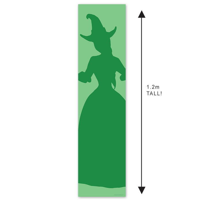 A green silhouette of a witch from the Oz series, measuring 1.2 meters tall, made of paper and designed for use as a party decoration.
