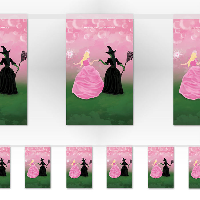 A bunting decoration featuring characters from the Wizard of Oz with a pink and green theme.