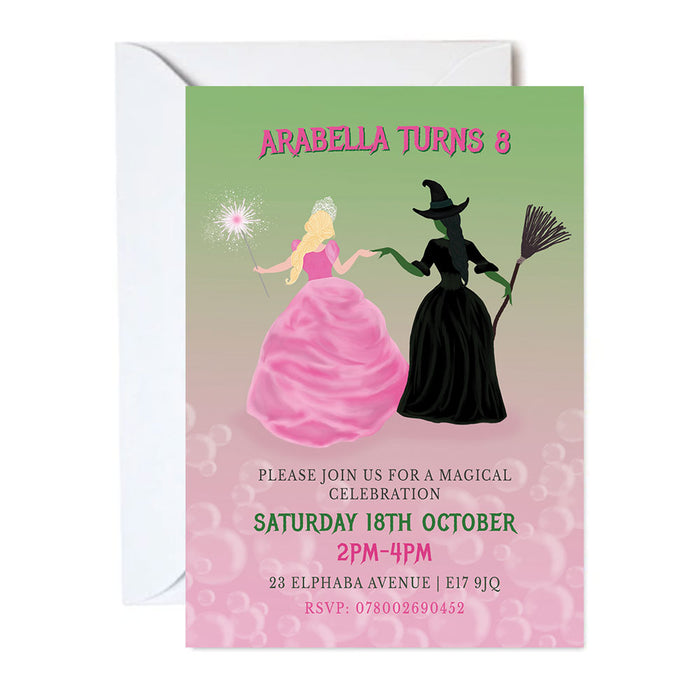A personalised invitation card with an illustration of a princess and a witch, themed around the wizard of oz, along with text including the event details. An envelope is also shown.