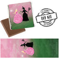 Pack of 16 square milk chocolates with 'Witches of Oz' themed stickers, displayed on a pink and green background with a 'DIY Kit' stamp.