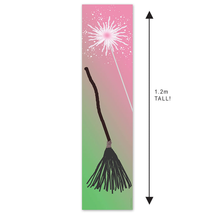 A portrait banner featuring silhouettes of a wand and broom with a pink and green gradient background, designed for themed events like Wizard of Oz parties.
