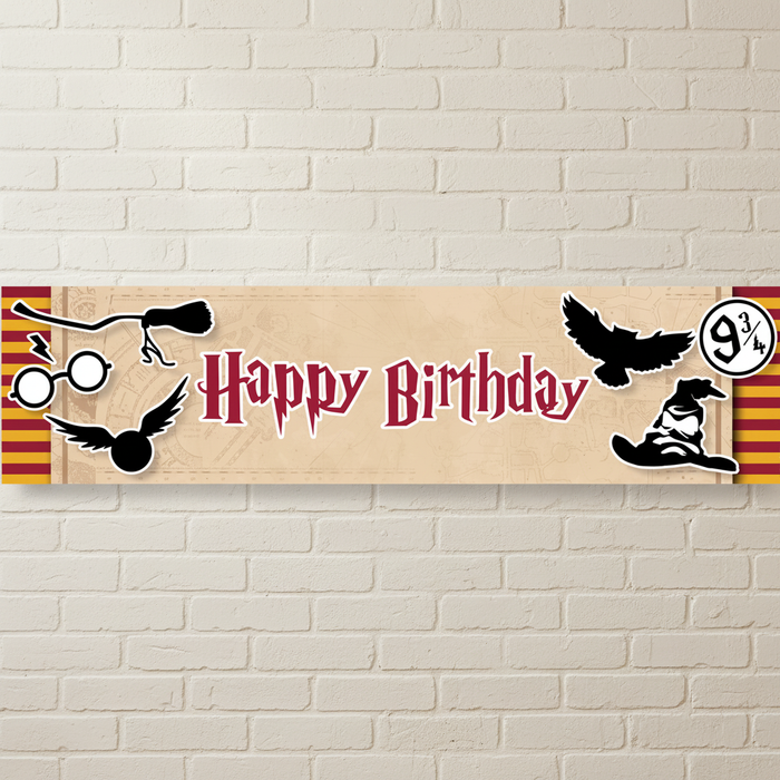 Harry Potter Happy Birthday Banner on Off-White Brick Wall