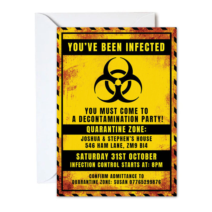 Invitation card with biohazard symbol and quarantine zone theme on a yellow background.