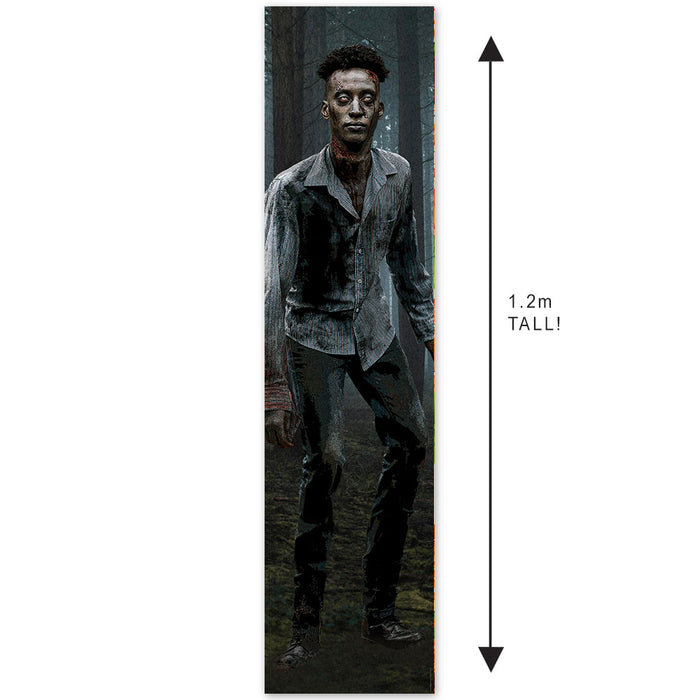 Character from a dark-themed movie or TV show standing in a forest with dimensions indicated.